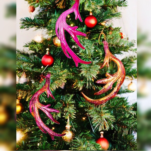 Set of (3) Gold, Pink, & hints of Red Antler Ornaments - Picture 1 of 16